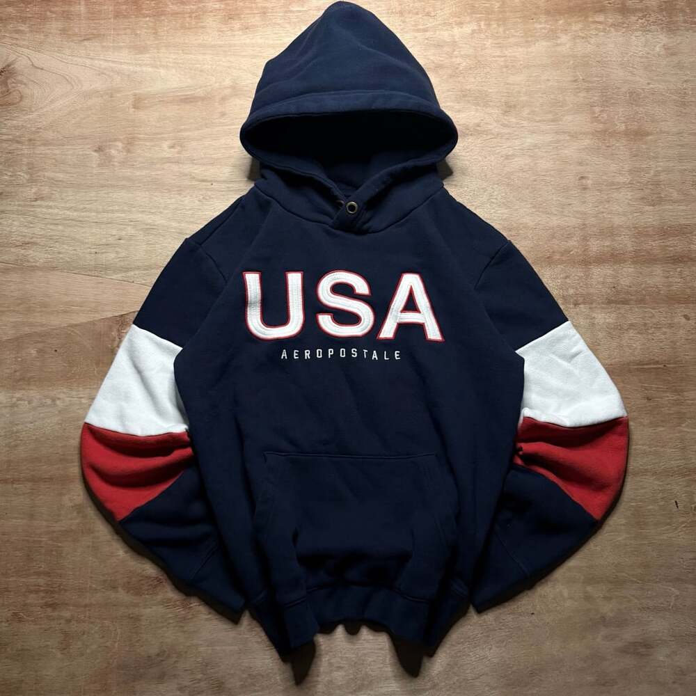 Aeropostale USA Hoodie Small Navy Colorblock Varsity Collegiate Pullover
